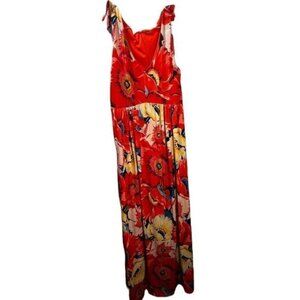 Red Floral Sleeveless Maxi Dress With Tie‎ Straps & V-Neckline